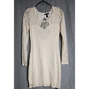 Material Girl Bodycon Dress Size Medium Ivory Lace Lined Sheer Hem & Sleeves0